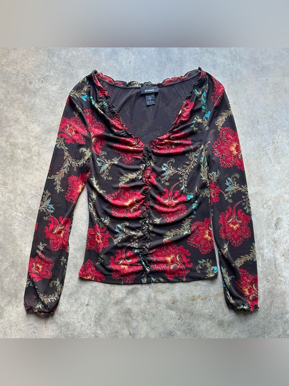 Express black and red floral top with ruffles and long sleeves